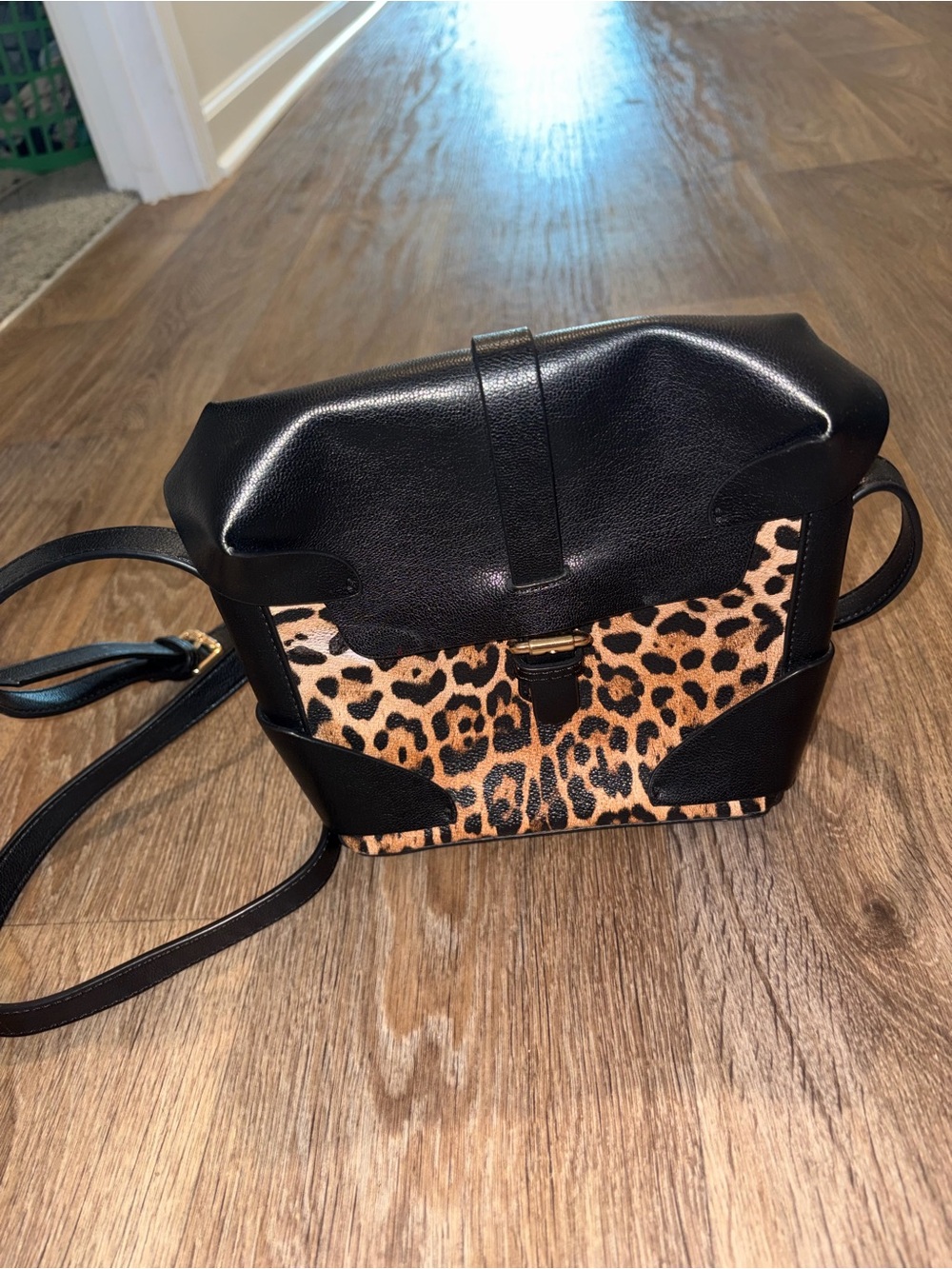 Black & Leopard Print Crossbody Bag - Faux Leather